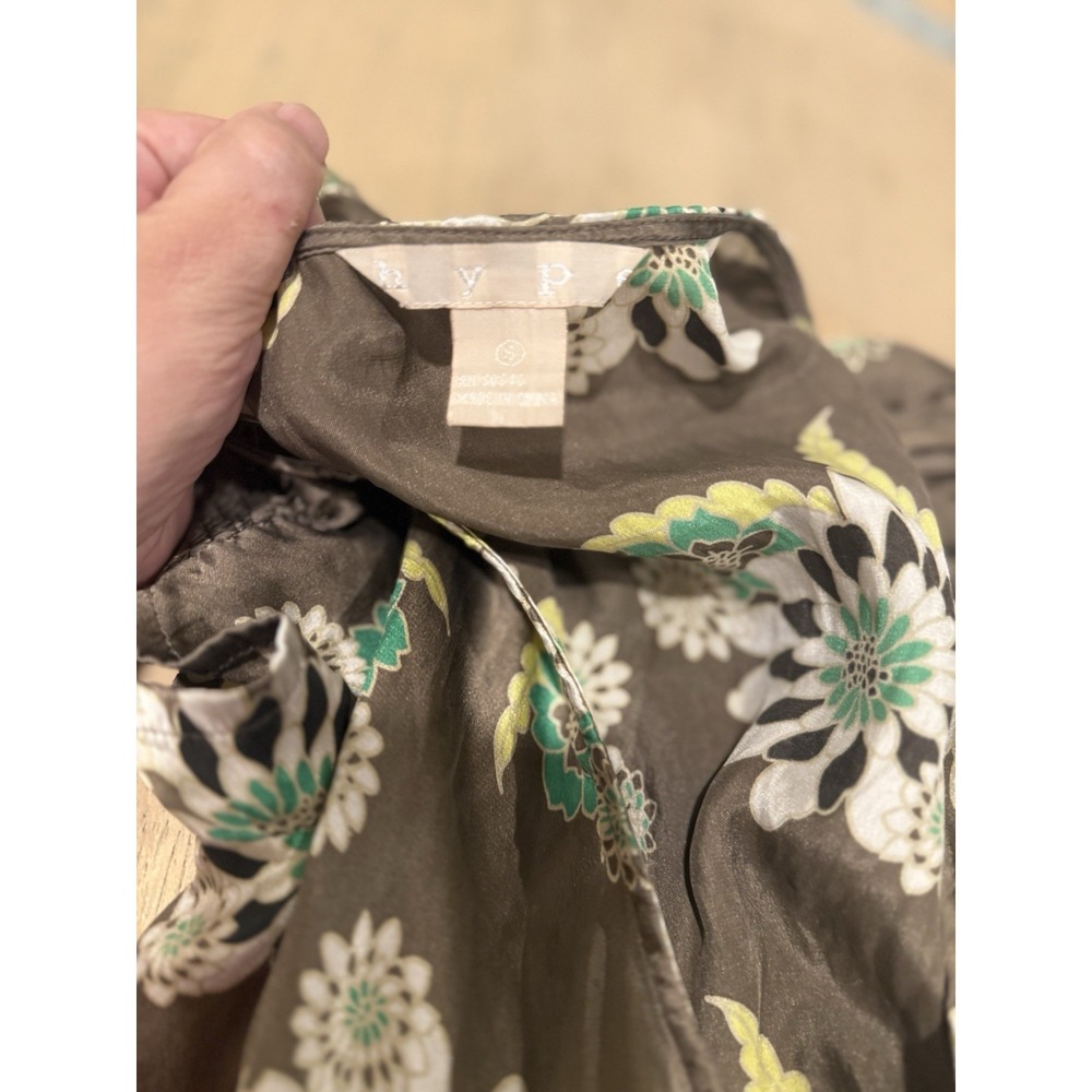 VPL 100% Silk Brown Floral Knee Length Dress Gold Buckle Belt V-Neck Fit & Flare - Picture 4 of 6